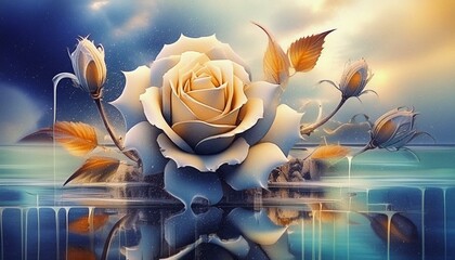 ファンタジーアート、デジタルイラスト、幻想的な風景、ミステリアスな花、青と金の色合い、エレガントなバラ、幻想的な水面、リフレクションアート、夢のような背景、幽玄な雰囲気、蝶のイラスト、冷たい色調、花のアートワーク、デジタルペインティング、美しい花のデザイン、神秘的な世界、夢幻の光景、幻想的な夕暮れ、エレガントなデコレーション