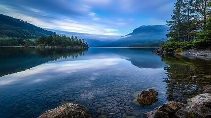 Tranquil scene of mountain reflection in calm water, AI Generative.