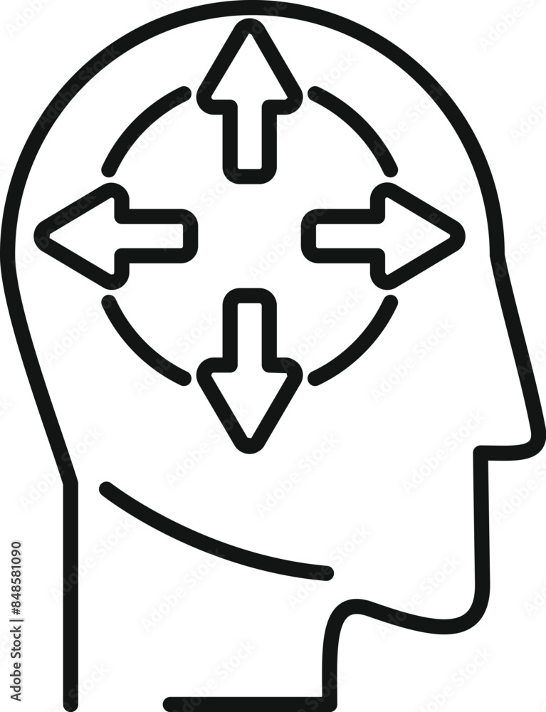 Poster line art icon of a human head with arrows pointing in all directions, representing the concept of ma