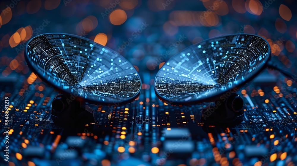 Wall mural close-up photo of two satellite connected on a circuit board, with blurred lights and objects in the