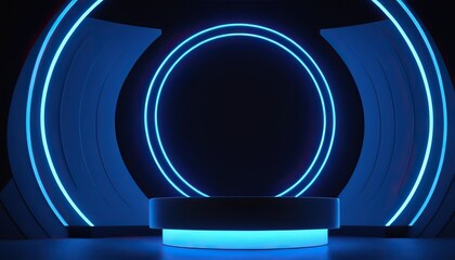 Round blue ceramic podium with neon backlighting on abstract blue background with magic lights. Perfect platform for showing your products. Three dimensional illustration