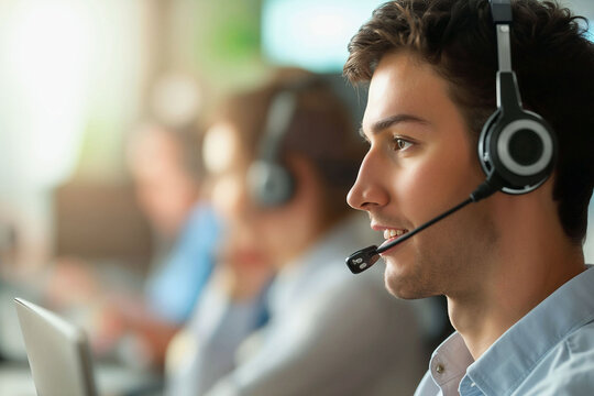 An attractive male call center agent working in her office - Generative
