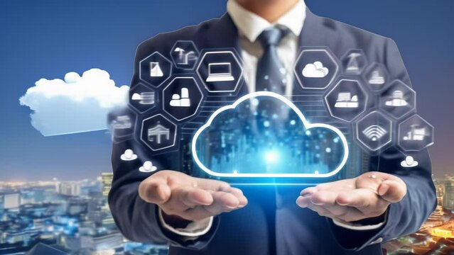A businessman in a suit presenting a cloud computing network interface, set against a smart cityscape at night. 