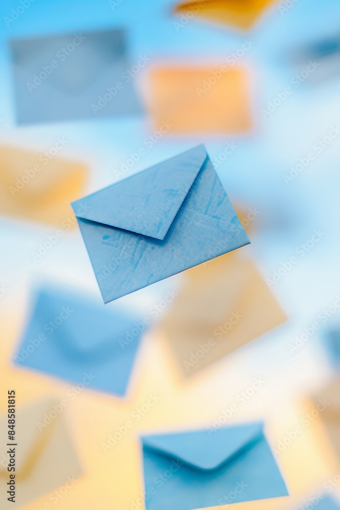 Aufkleber colorful paper envelopes floating on gradient backdrop transitioning from yellow to blue
