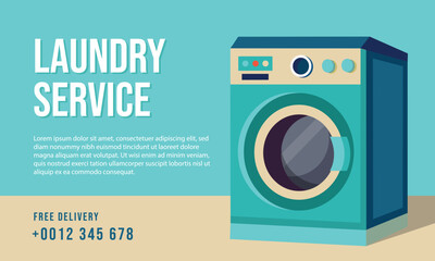 Laundry service banner with clothes washing machine