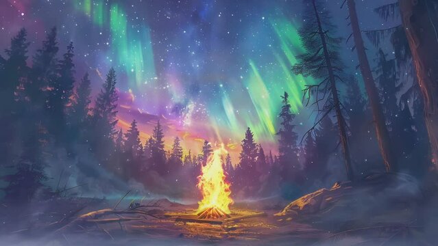 Camp fire in wilderness forest night on Aurora borealis, northern lights over bonfire in winter forest background.