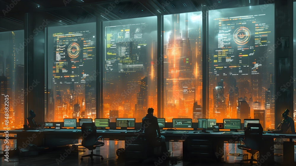Poster a man is sitting at a desk in front of a computer monitor. the monitor displays a cityscape with a l