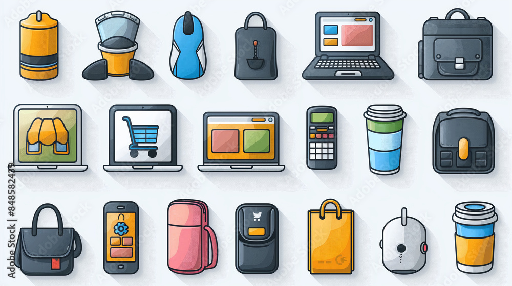 Poster web and application icons set featuring symbols for computer, phone, and tablet technology in vector