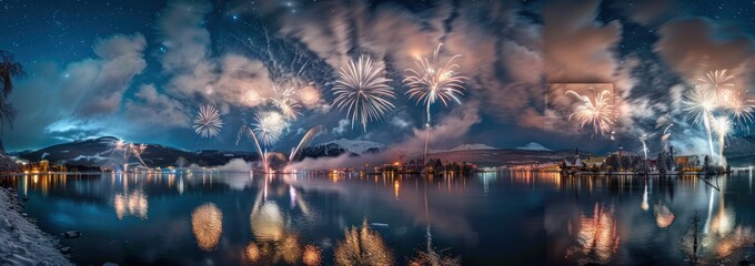 Fireworks Over a Snowy Lake at Night