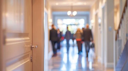 Defocused image of a crowded hallway filled with potential buyers at a real estate open house