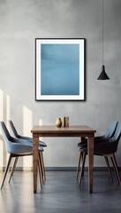 Blue abstract painting hanging on a wall above a wooden table with chairs in a modern dining room