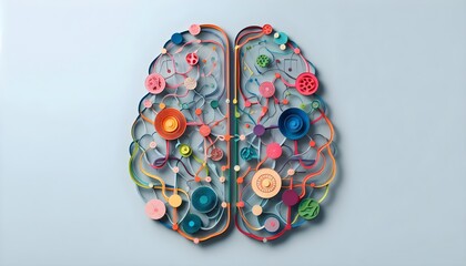Neurodiverse Brain Connections in Paper Cut Style. A brain with interconnected lines and nodes, each represented by different shapes and colors of paper cuts, showcasing the diverse neural pathways.