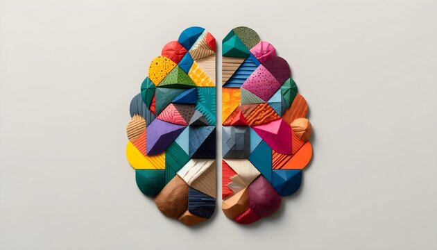 Autism Brain with Geometric Paper Shapes. A brain composed of various geometric shapes made from different textured papers, symbolizing the integration of different thinking styles.