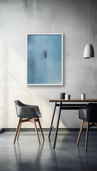 Blue abstract painting in a modern dining room with black chairs and a wood table