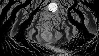 full moon and scary black forest