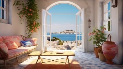 Obraz premium Interior of a Mediterranean style house, wallpaper format.