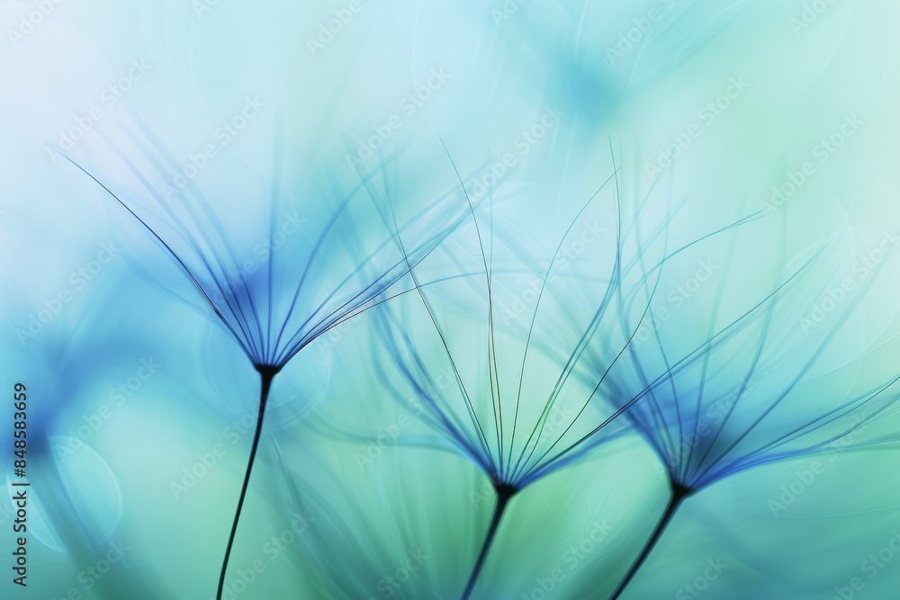 Poster delicate dandelion seed close up with blurred seeds in soft blue sky, emphasizing intricate texture