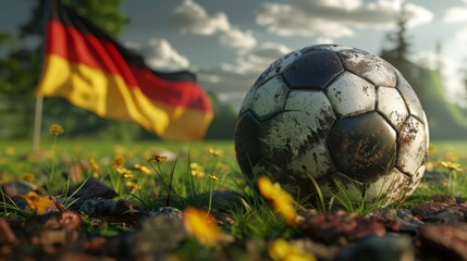 Fototapeta premium A weathered soccer ball resting on a grassy field with beautiful yellow flowers, against the backdrop of a German flag waving in a picturesque landscape