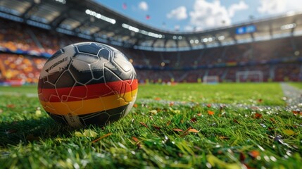 A soccer ball adorned with the German flag sits on the vibrant green grass of a large, bustling stadium filled with eager fans and colorful banners