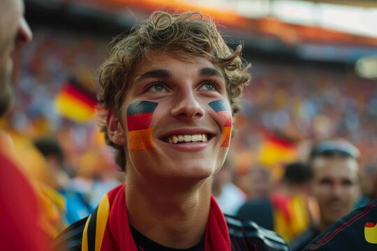 A young man with face painted in German flag colors, smiling enthusiastically in a sports stadium filled with fans waving German flags during a lively event