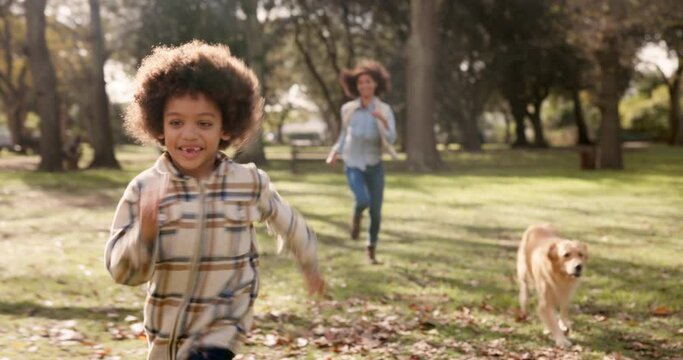 Mother, son and dog running in outdoor, bonding and exercise for pet on park trail or path. Mommy, boy and fitness for animal in nature for wellness, love and together for relationship in countryside