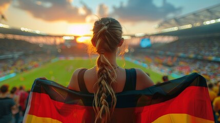 A woman with a long braid stands in a stadium, wrapped in a German flag, as the sun sets behind her during an exciting sports event