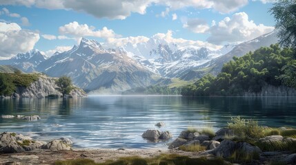 Naklejka premium A lovely day by the mountains and lake