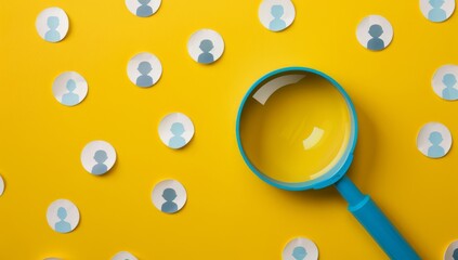 A blue magnifying glass is floating over an array of white circular icons representing people against a yellow background