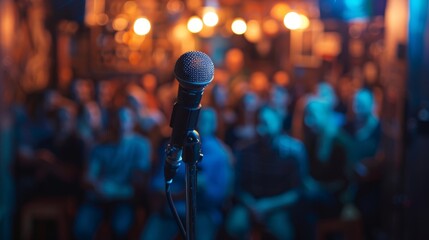 The crowd is a mere backdrop as the defocused stage takes center stage at this vibrant open mic event.