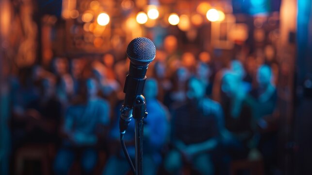 The crowd is a mere backdrop as the defocused stage takes center stage at this vibrant open mic event.