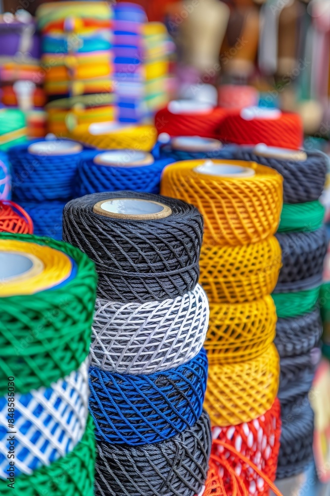 Poster vibrant yarn rolls creating a colorful and textured background display for artistic projects