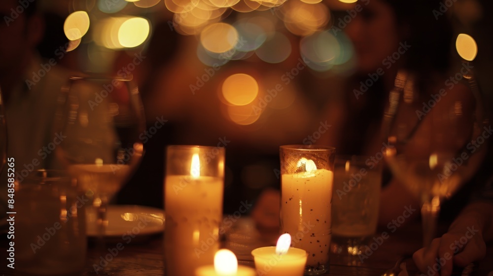 Poster the soft focus of a networking dinner highlighting the dim lighting and intimate ambiance.