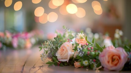 Defocused view of a DIY flower crown station at a bridal shower.