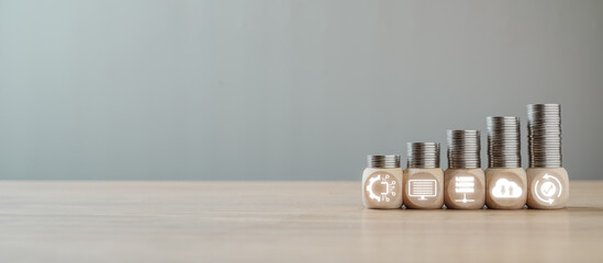 Illustration of Electronic Data Interchange (EDI) concept with stacked coins and digital icons symbolizing business growth, efficiency, and technology.