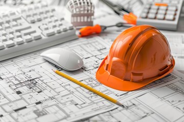 A desk with architectural blueprints, white keyboard and mouse on it, orange hard hat on top of the desktop, yellow pencil in foreground, building tools around on the table, gray background