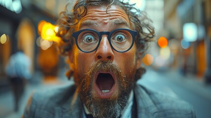 A surprised man with curly hair and glasses expresses astonishment in a busy city street with colorful city lights in the background
