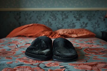 Pair of worn black slippers placed on a floral patterned bedspread with orange pillows in a cozy,...