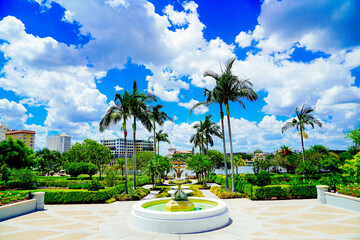 Lakeland, FL, USA - 06 10 2024: Beautiful Hollis botanic garden and lake landscape in Lakeland...