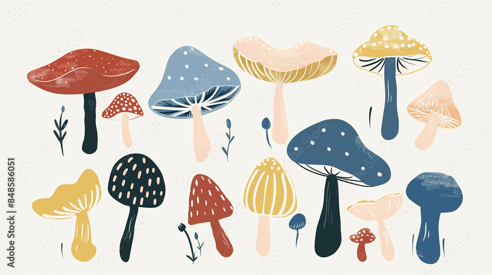 Wall mural mushroom and leaf patterns: vector illustration combining elements of leaves and various mushrooms, 