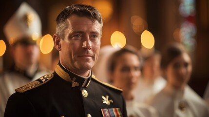 An experienced, decorated naval officer in a formal uniform stands proudly among his fellow servicemen during a ceremonial event with a solemn background