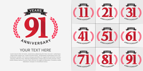 anniversary logotype set vector, red color and black ribbon for special day celebration