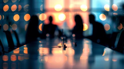 Fuzzy outlines of professionals sitting at a long table exchanging ideas in a board meeting.