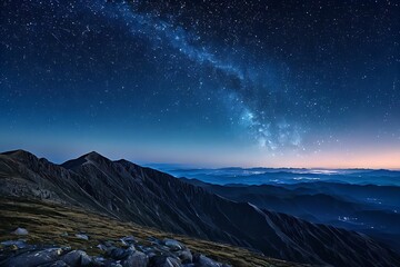 mountaintop. A vast starry sky stretches above, filled with twinkling stars and constellations