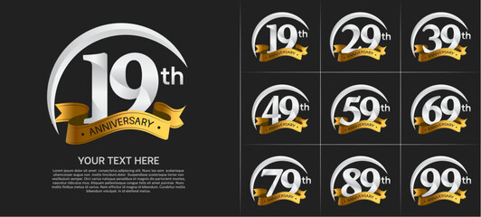 anniversary logotype set vector, silver color with golden ribbon for special day celebration