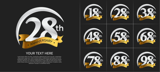 anniversary logotype set vector, silver color with golden ribbon for special day celebration