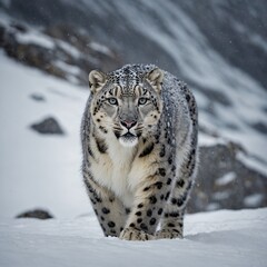 Obraz premium A snow leopard prowling in a snowy mountain landscape.