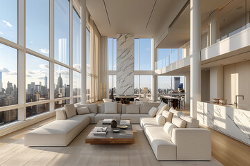 Luxurious New York City penthouse interior, featuring subtle marble textures and minimalist design. Sunlight filters through large windows, creating a warm and inviting atmosphere. Intricate and photo