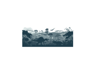 Vector prehistoric seamless jungle background with dinosaurs: Spinosaurus, triceratops, tiranosaurus, Kentrosaurus,  Diplodocus and pterodactyl