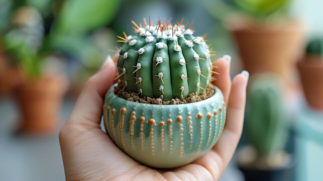 Cactus in a pot with Christmas decorations, cupcakes, and a fir tree cake