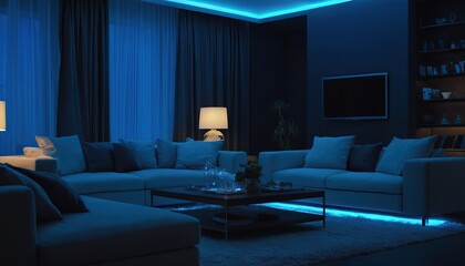 Cozy living room with smart TV voice command IoT devices and ambient lighting. Concept Smart Home Setup, Voice-Activated Tech, Ambient Lighting, Cozy Living Room